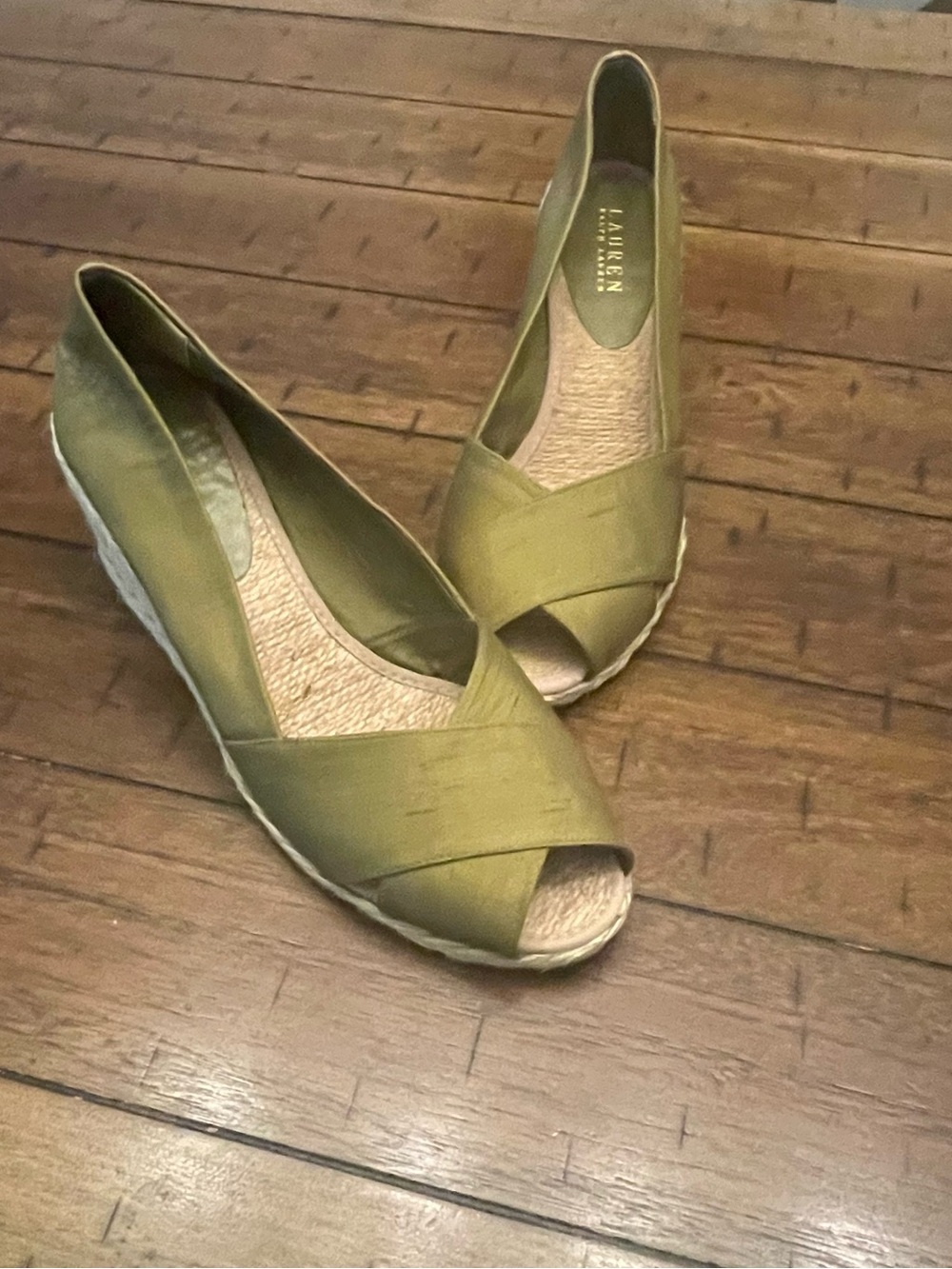 Ralph Lauren Olive Green Crisscross Peep-Toe Espadrilles